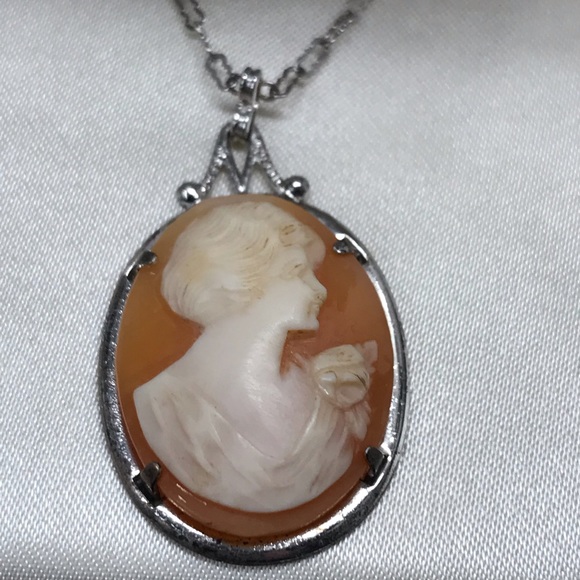 Antique Genuine Sterling Silver Shell Large Cameo Necklace Artist Signed 19c - Picture 3 of 14